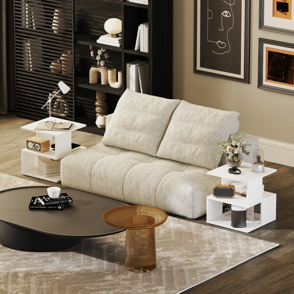 HOMCOM Set of 2 Side Table, Square Coffee Table, Modern End Table with 2 Tier Storage Shelves for Living Room, Bedroom, White