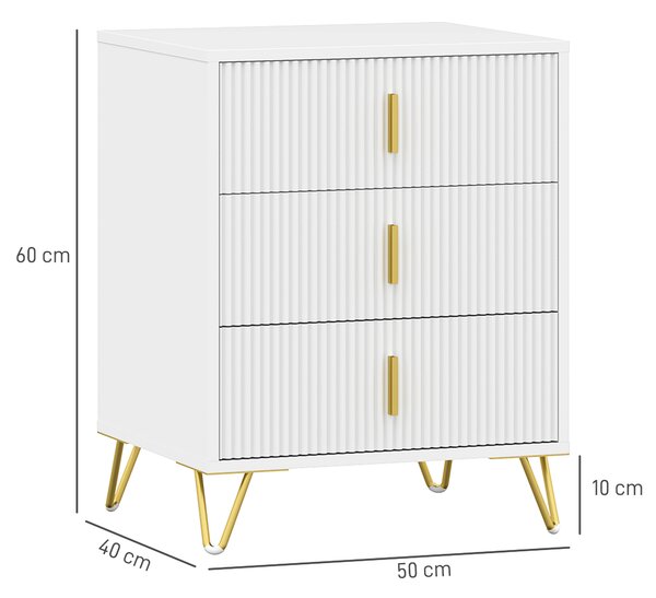 HOMCOM Set of 2 Elegant Chest of Three Drawers - White/Gold-Tone
