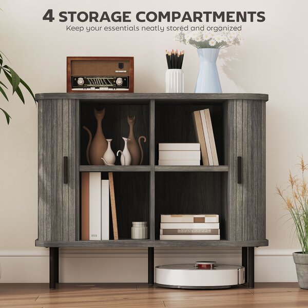 HOMCOM Mid Century Modern Sideboard with Slatted Tambour Sliding Doors Steel Legs Grey Kitchen Cabinet small modern sofa large modern table coffee table Aosom UK