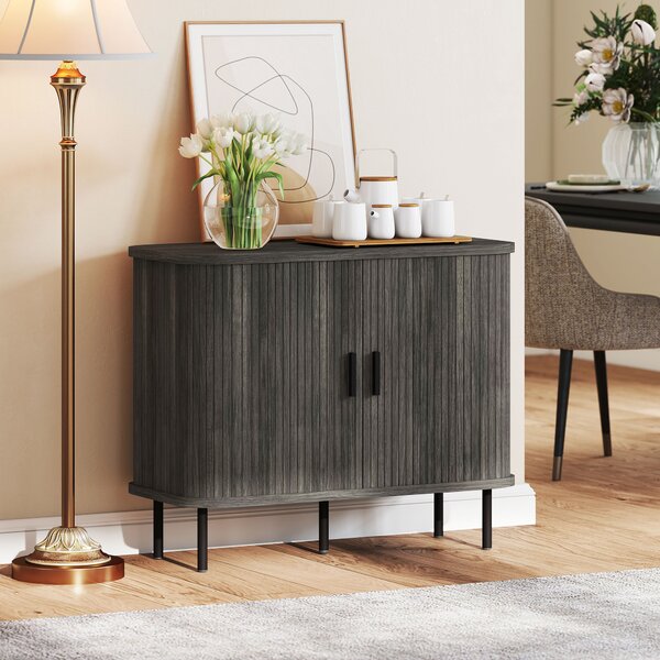 HOMCOM Mid Century Modern Sideboard with Slatted Tambour Sliding Doors Steel Legs Grey Kitchen Cabinet small modern sofa large modern table coffee table Aosom UK