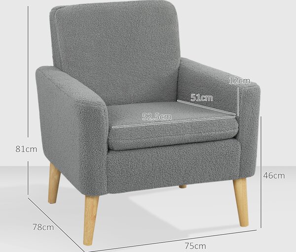 HOMCOM Armchair, Upholstered Accent Chair with Wood Legs and Wide Padded Seat, Teddy Occasional Chair, Grey
