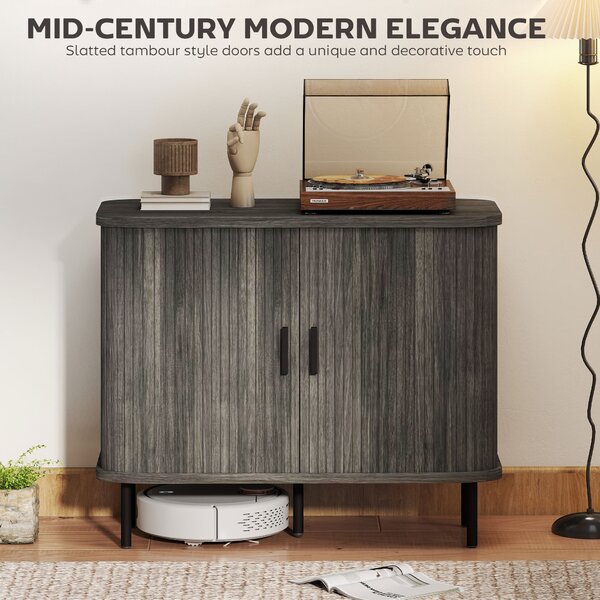 HOMCOM Mid Century Modern Sideboard with Slatted Tambour Sliding Doors Steel Legs Grey Kitchen Cabinet small modern sofa large modern table coffee table Aosom UK