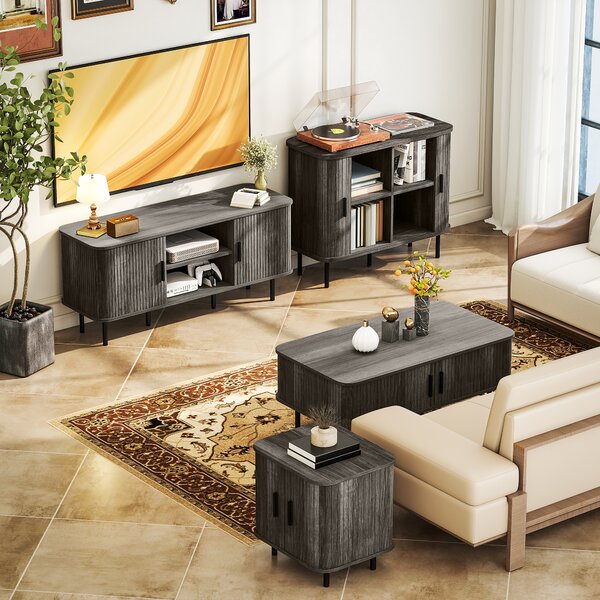 HOMCOM Mid Century Modern Sideboard with Slatted Tambour Sliding Doors Steel Legs Grey Kitchen Cabinet small modern sofa large modern table coffee table Aosom UK