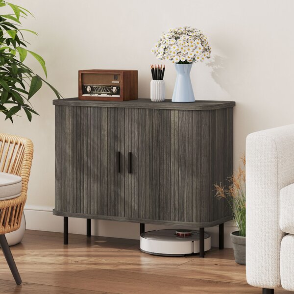 HOMCOM Mid Century Modern Sideboard with Slatted Tambour Sliding Doors Steel Legs Grey Kitchen Cabinet small modern sofa large modern table coffee table Aosom UK