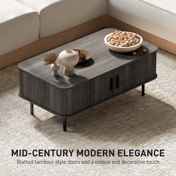 HOMCOM Coffee Table with Storage, Living Room Table with Slatted Tambour Sliding Doors and Foot Pads, Rectangular Coffee Table with Elevated Base for Living Room, Grey Wood-Effect