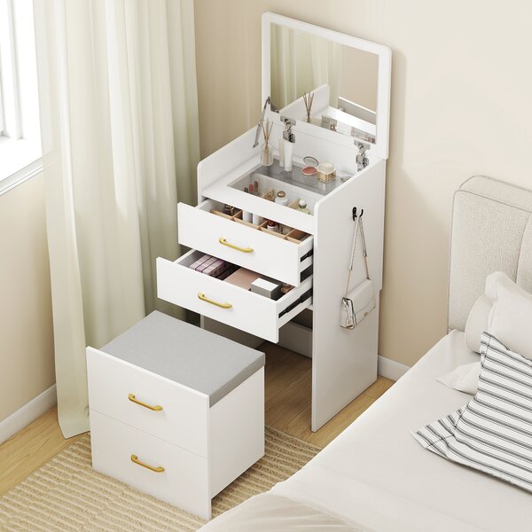 HOMCOM 3 in 1 Dressing Table with Flip-top Mirror and Rolling Stool, Modern Vanity Desk with Visible Glass Tabletop, Drawers and Side Hook, Makeup Table with Cushioned Storage Stool for Bedroom, White