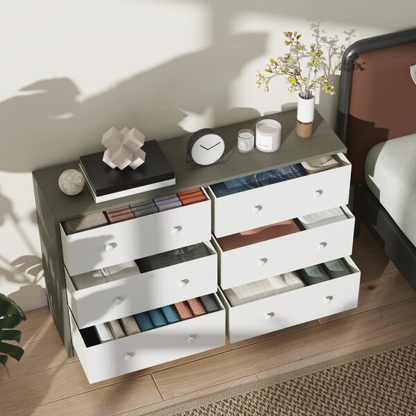 HOMCOM Chest of Drawers, Dresser with 6 Fabric Drawers - White and Grey