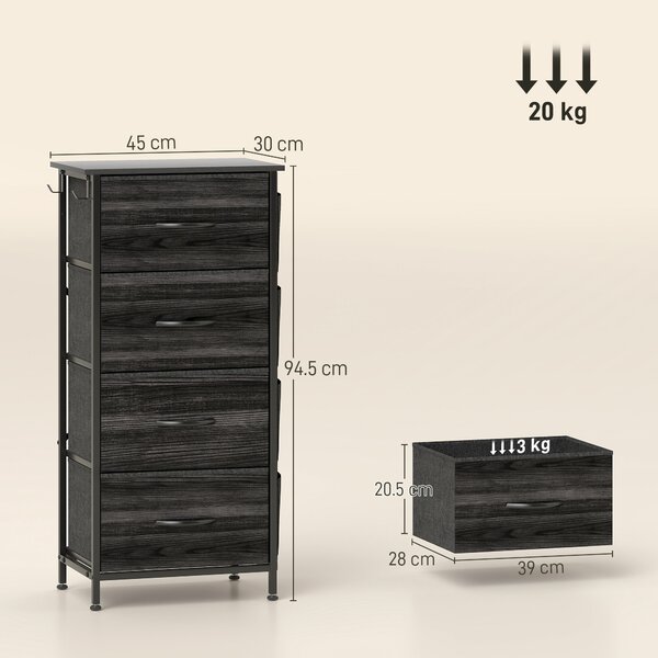 HOMCOM Chest of Four Fabric Drawers - Black