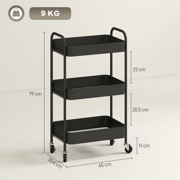 HOMCOM Three-Tier Steel Storage Trolley - Black