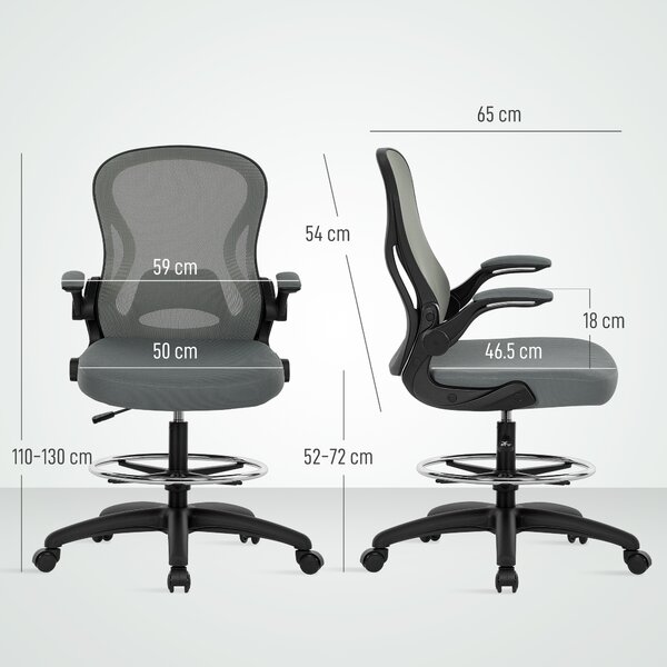 Vinsetto Draughtsman Chair with Flip-up Armrests, Mesh Standing Desk Chair with Lumbar Support and Adjustable Foot Ring for Bar Counter, Charcoal Grey