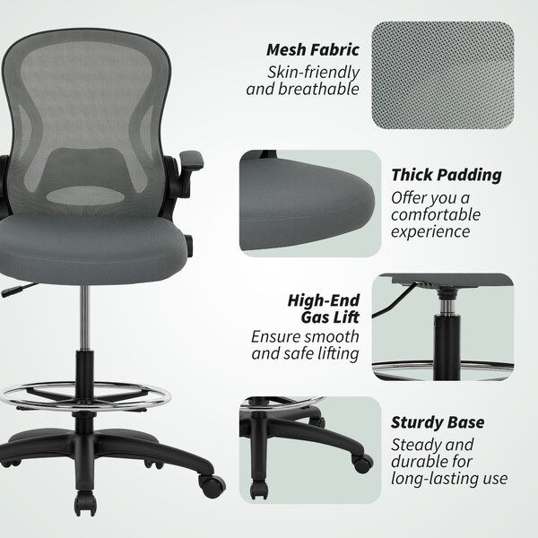 Vinsetto Draughtsman Chair with Flip-up Armrests, Mesh Standing Desk Chair with Lumbar Support and Adjustable Foot Ring for Bar Counter, Charcoal Grey