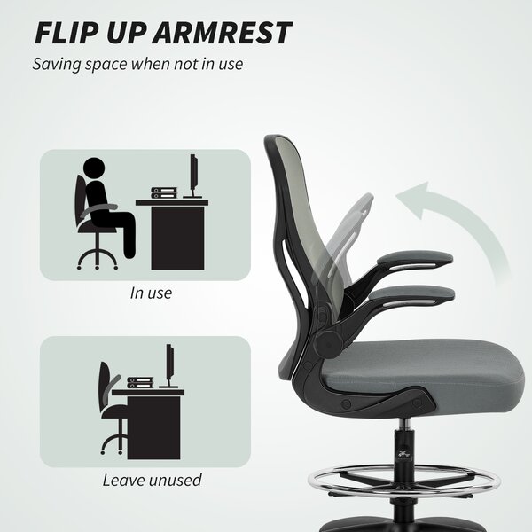 Vinsetto Draughtsman Chair with Flip-up Armrests, Mesh Standing Desk Chair with Lumbar Support and Adjustable Foot Ring for Bar Counter, Charcoal Grey