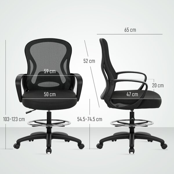 Vinsetto Drafting Chair with Adjustable Footrest, Ergonomic Mesh Office Chair with Lumbar Support, Adjustable Height for Standing Desk, Black