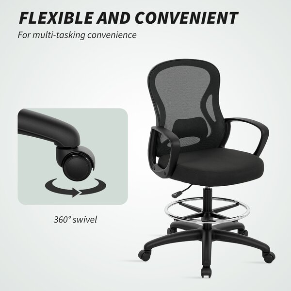 Vinsetto Drafting Chair with Adjustable Footrest, Ergonomic Mesh Office Chair with Lumbar Support, Adjustable Height for Standing Desk, Black