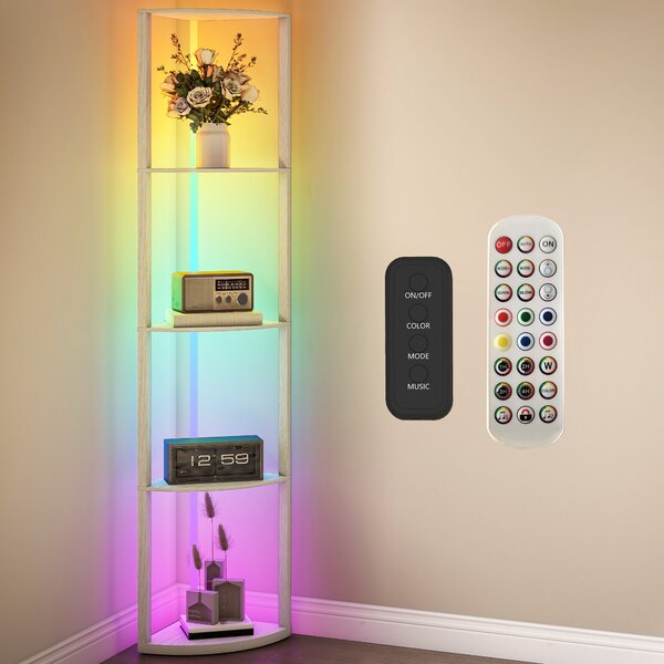HOMCOM RGB LED Floor Lamp with Shelves, 4-Tier Dimmable Standing Lamp with Remote Control for Living Room Bedroom Office, Oak