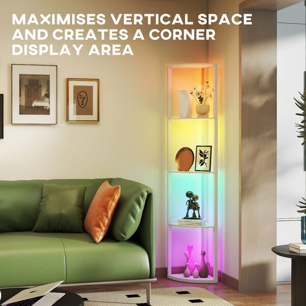 HOMCOM RGB LED Floor Lamp with Shelves, 4-Tier Dimmable Standing Lamp with Remote Control for Living Room Bedroom Office, Oak
