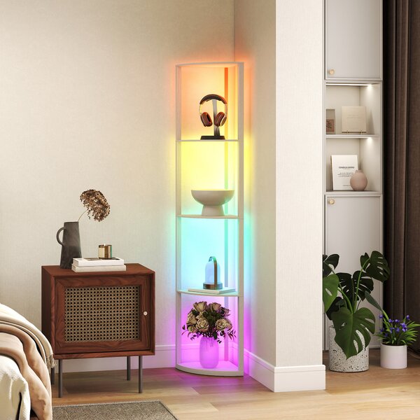 HOMCOM RGB LED Floor Lamp with Shelves, 4-Tier Dimmable Standing Lamp with Remote Control for Living Room Bedroom Office, Oak