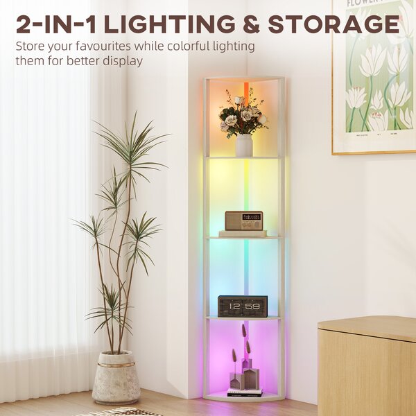 HOMCOM RGB LED Floor Lamp with Shelves, 4-Tier Dimmable Standing Lamp with Remote Control for Living Room Bedroom Office, Oak