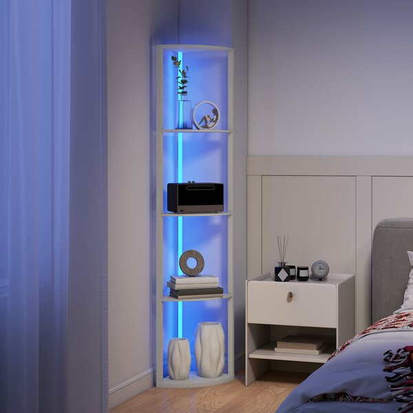 HOMCOM RGB LED Floor Lamp with Shelves, 4-Tier Dimmable Standing Lamp with Remote Control for Living Room Bedroom Office, Oak