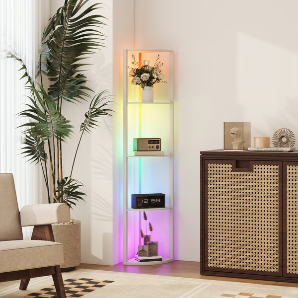 HOMCOM RGB LED Floor Lamp with Shelves, 4-Tier Dimmable Standing Lamp with Remote Control for Living Room Bedroom Office, Oak