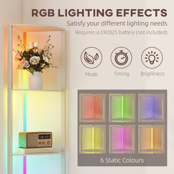 HOMCOM RGB LED Floor Lamp with Shelves, 4-Tier Dimmable Standing Lamp with Remote Control for Living Room Bedroom Office, Oak