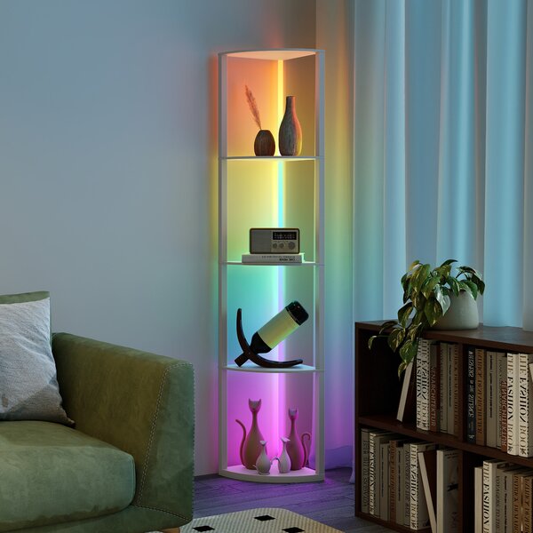HOMCOM RGB LED Floor Lamp with Shelves, 5-Tier Dimmable Standing Lamp with Adjustable Brightness and Remote Control, Modern Corner Display Shelf Unit for Living Room Bedroom Office, Grey