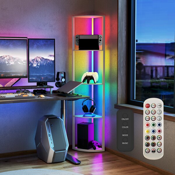HOMCOM RGB LED Floor Lamp with Shelves, 5-Tier Dimmable Standing Lamp with Adjustable Brightness and Remote Control, Modern Corner Display Shelf Unit for Living Room Bedroom Office, Grey