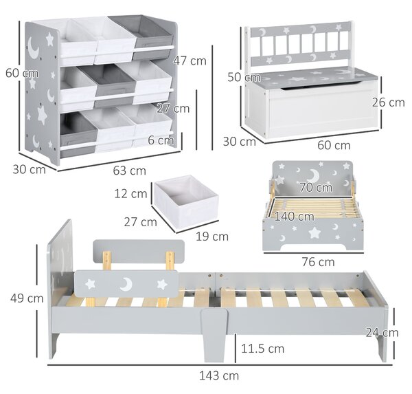 ZONEKIZ 3PCs Kids Furniture Bedroom Set with Bed, Toy Box Bench, Storage Unit with Baskets, Star and Moon Patterns, for 3-6 Years Old Boys Girls, Grey