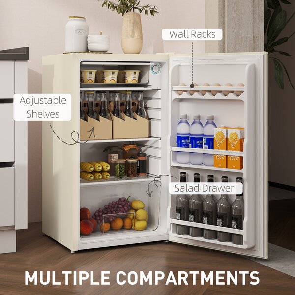 HOMCOM 91 Litre Freestanding Under Counter Fridge Freezer, Small Fridge with Chiller Box, Adjustable Thermostat, 47.5cm Wide, Beige