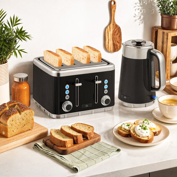 HOMCOM Electric Kettle and Toaster Set, 3000W 1.7L UK Strix Thermostat Rapid Boil Jug Kettle with Limescale Filter, Cool Touch Body, 4 Slice Toaster with 7 Browning Controls, Crumb Tray, Black