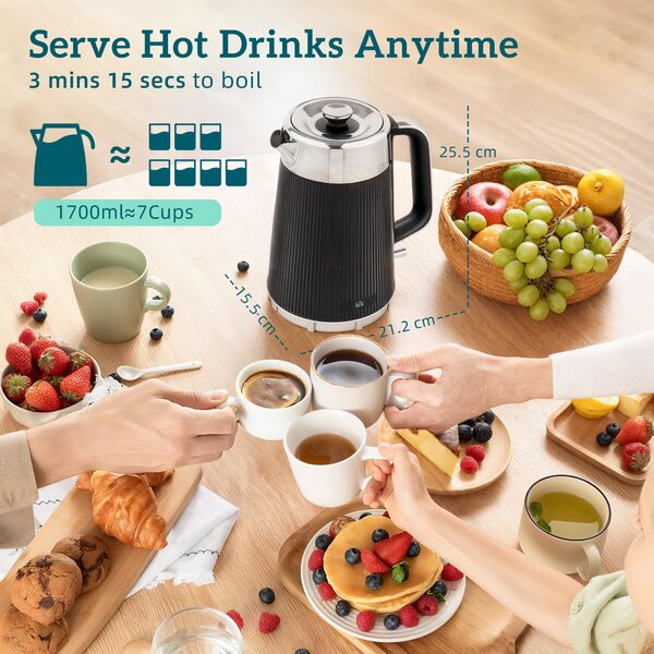 HOMCOM Electric Kettle and Toaster Set, 3000W 1.7L UK Strix Thermostat Rapid Boil Jug Kettle with Limescale Filter, Cool Touch Body, 4 Slice Toaster with 7 Browning Controls, Crumb Tray, Black