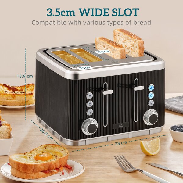 HOMCOM Electric Kettle and Toaster Set, 3000W 1.7L UK Strix Thermostat Rapid Boil Jug Kettle with Limescale Filter, Cool Touch Body, 4 Slice Toaster with 7 Browning Controls, Crumb Tray, Black