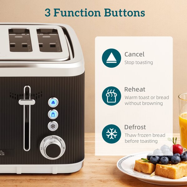 HOMCOM Electric Kettle and Toaster Set, 3000W 1.7L UK Strix Thermostat Rapid Boil Jug Kettle with Limescale Filter, Cool Touch Body, 4 Slice Toaster with 7 Browning Controls, Crumb Tray, Black