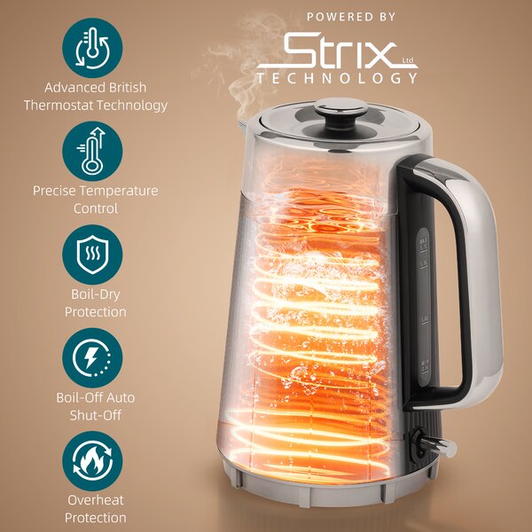 HOMCOM Electric Kettle and Toaster Set, 3000W 1.7L UK Strix Thermostat Rapid Boil Jug Kettle with Limescale Filter, Cool Touch Body, 4 Slice Toaster with 7 Browning Controls, Crumb Tray, Black