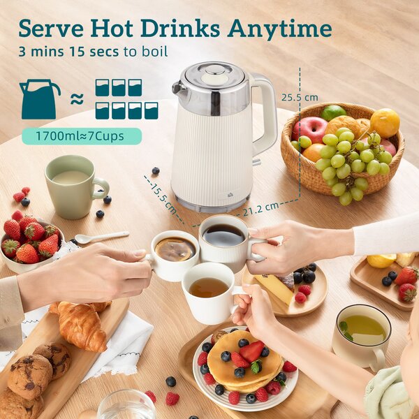 HOMCOM Electric Kettle and Toaster Set, 3000W 1.7L UK Strix Thermostat Rapid Boil Jug Kettle with Limescale Filter, Cool Touch Body, 4 Slice Toaster with 7 Browning Controls, Crumb Tray, Cream