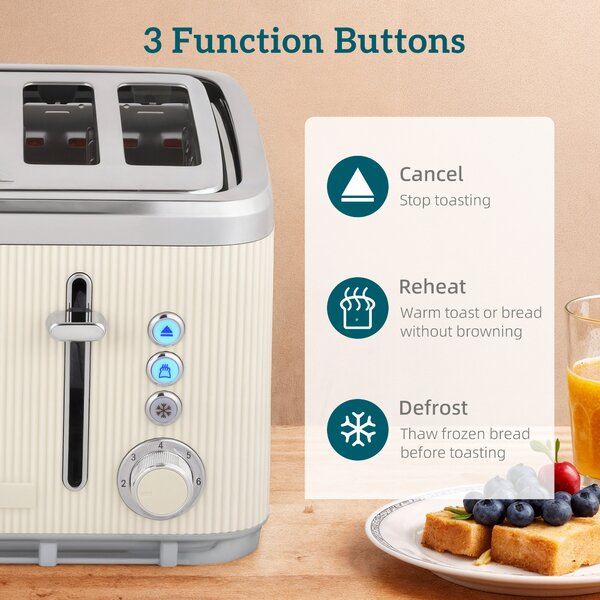 HOMCOM Electric Kettle and Toaster Set, 3000W 1.7L UK Strix Thermostat Rapid Boil Jug Kettle with Limescale Filter, Cool Touch Body, 4 Slice Toaster with 7 Browning Controls, Crumb Tray, Cream