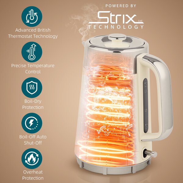 HOMCOM Electric Kettle and Toaster Set, 3000W 1.7L UK Strix Thermostat Rapid Boil Jug Kettle with Limescale Filter, Cool Touch Body, 4 Slice Toaster with 7 Browning Controls, Crumb Tray, Cream