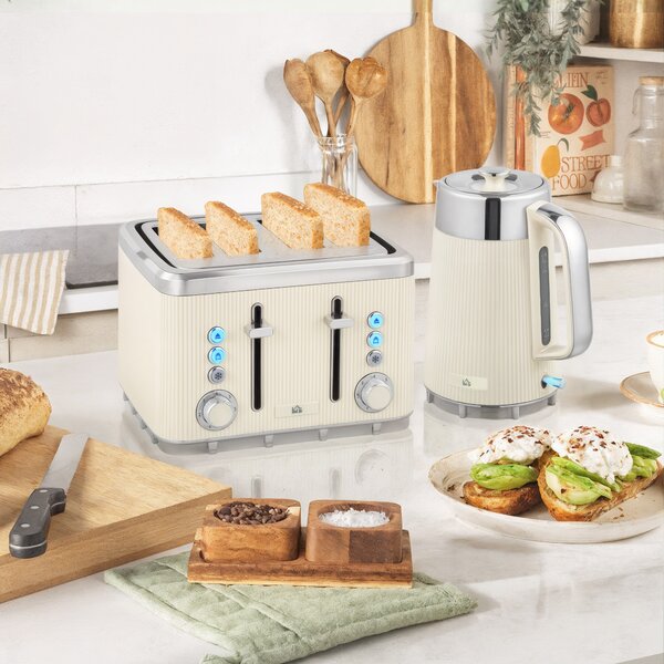 HOMCOM Electric Kettle and Toaster Set, 3000W 1.7L UK Strix Thermostat Rapid Boil Jug Kettle with Limescale Filter, Cool Touch Body, 4 Slice Toaster with 7 Browning Controls, Crumb Tray, Cream