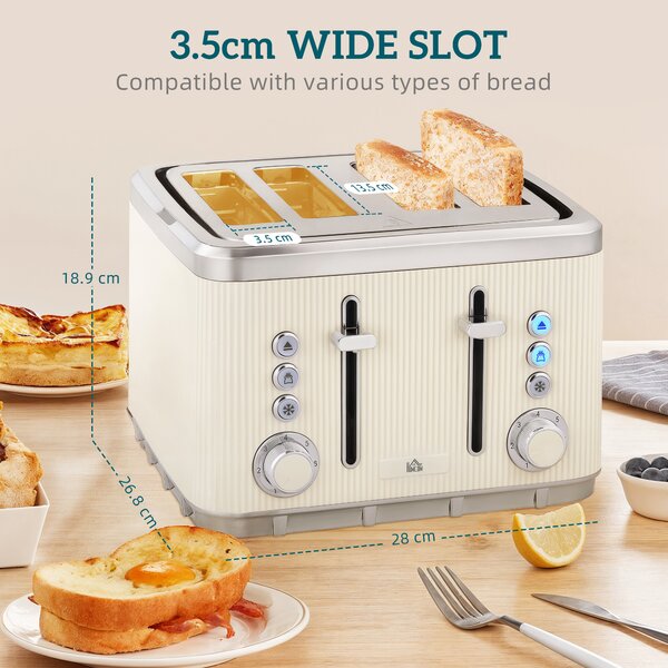 HOMCOM Electric Kettle and Toaster Set, 3000W 1.7L UK Strix Thermostat Rapid Boil Jug Kettle with Limescale Filter, Cool Touch Body, 4 Slice Toaster with 7 Browning Controls, Crumb Tray, Cream