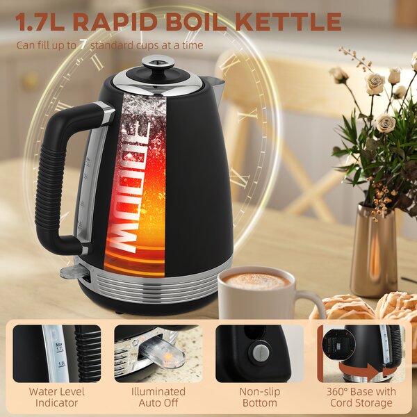 HOMCOM Stainless Steel Kettle and Toaster Set, 1.7L 3000W Rapid Boil Jug Kettle with UK Strix Thermostat, Limescale Filter, 4 Slice Toaster with 7 Browning Controls, Crumb Tray, Black and Silver Tone