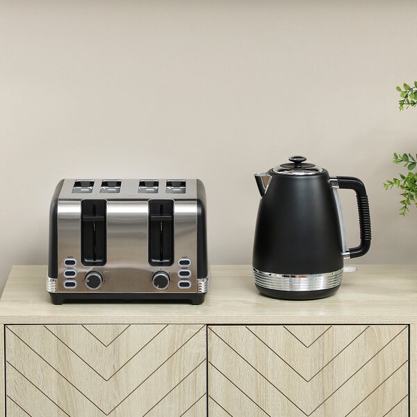 HOMCOM Stainless Steel Kettle and Toaster Set, 1.7L 3000W Rapid Boil Jug Kettle with UK Strix Thermostat, Limescale Filter, 4 Slice Toaster with 7 Browning Controls, Crumb Tray, Black and Silver Tone