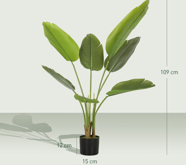 HOMCOM 109cm Artificial Bird of Paradise Plant, Faux Banana Leaf Tree with PEVA Leaves and Flocking, Decorative Palm Tree in Pot for Home Office Decor, Green