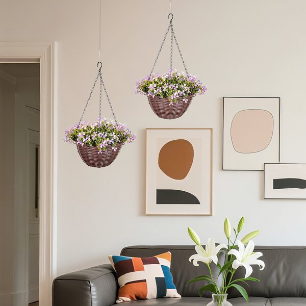 HOMCOM Artificial Flowers in Basket Set of 2, Artificial Hanging Baskets with 75 Leaves and 15 Flowers in Pot, Decorative Plant for Home Office Decor, Purple
