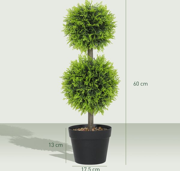 HOMCOM Set of 2 Decorative Artificial Plants, 60cm Faux Topiary Cypress Ball Trees with Plastic Pot and Pebbles, Fake Plants for Home Office Decor, Green