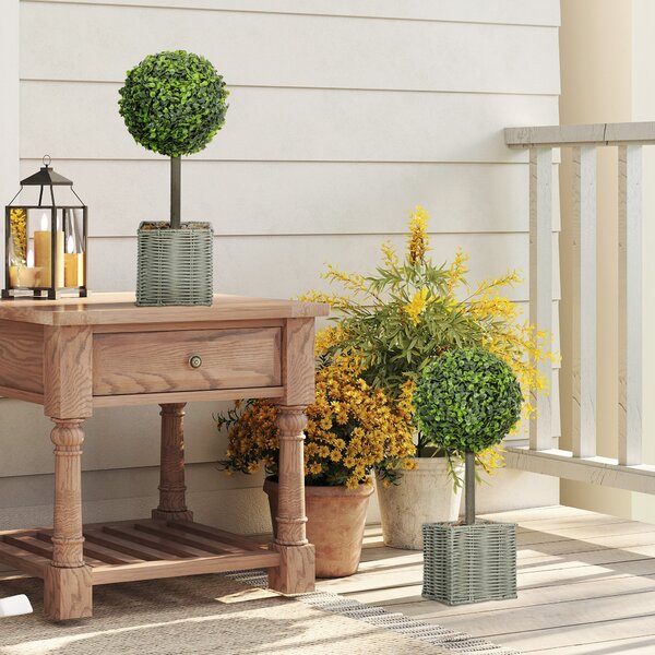 HOMCOM Set of 2 Decorative Artificial Plants, 50cm Faux Boxwood Topiary Balls with Woven Plastic Pot and Pebbles, Fake Plants for Home or Office Decor, Green