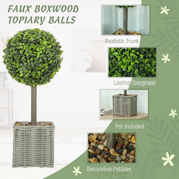 HOMCOM Set of 2 Decorative Artificial Plants, 50cm Faux Boxwood Topiary Balls with Woven Plastic Pot and Pebbles, Fake Plants for Home or Office Decor, Green