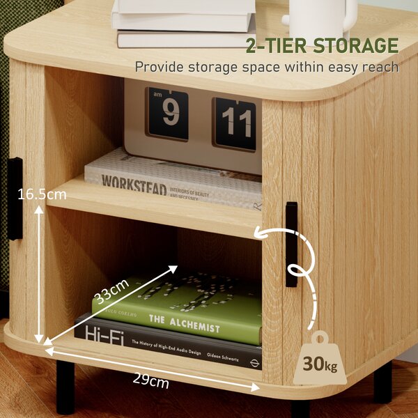 HOMCOM Bedside Table, Nordic Side Table with Roller Shutter Style Sliding Doors and Metal Legs for Bedroom, Living Room, Oak Tone Aosom UK