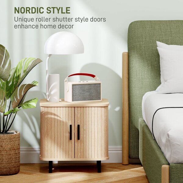 HOMCOM Bedside Table, Nordic Side Table with Roller Shutter Style Sliding Doors and Metal Legs for Bedroom, Living Room, Oak Tone Aosom UK