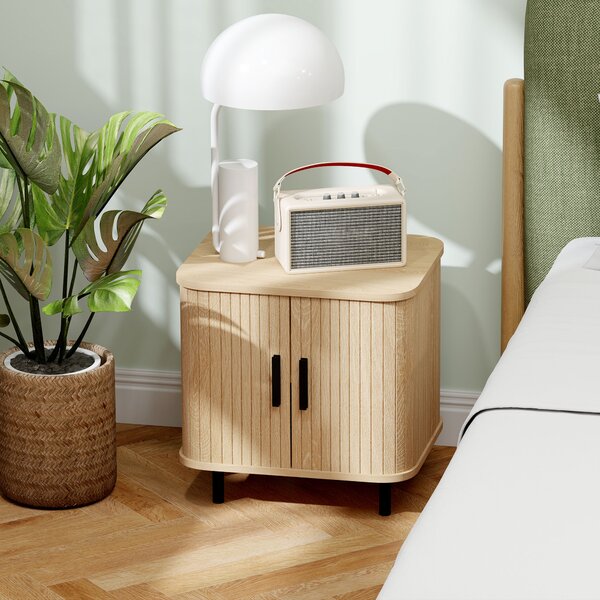 HOMCOM Bedside Table, Nordic Side Table with Roller Shutter Style Sliding Doors and Metal Legs for Bedroom, Living Room, Oak Tone Aosom UK