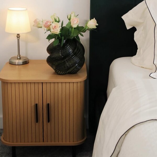 HOMCOM Bedside Table, Nordic Side Table with Roller Shutter Style Sliding Doors and Metal Legs for Bedroom, Living Room, Oak Tone Aosom UK